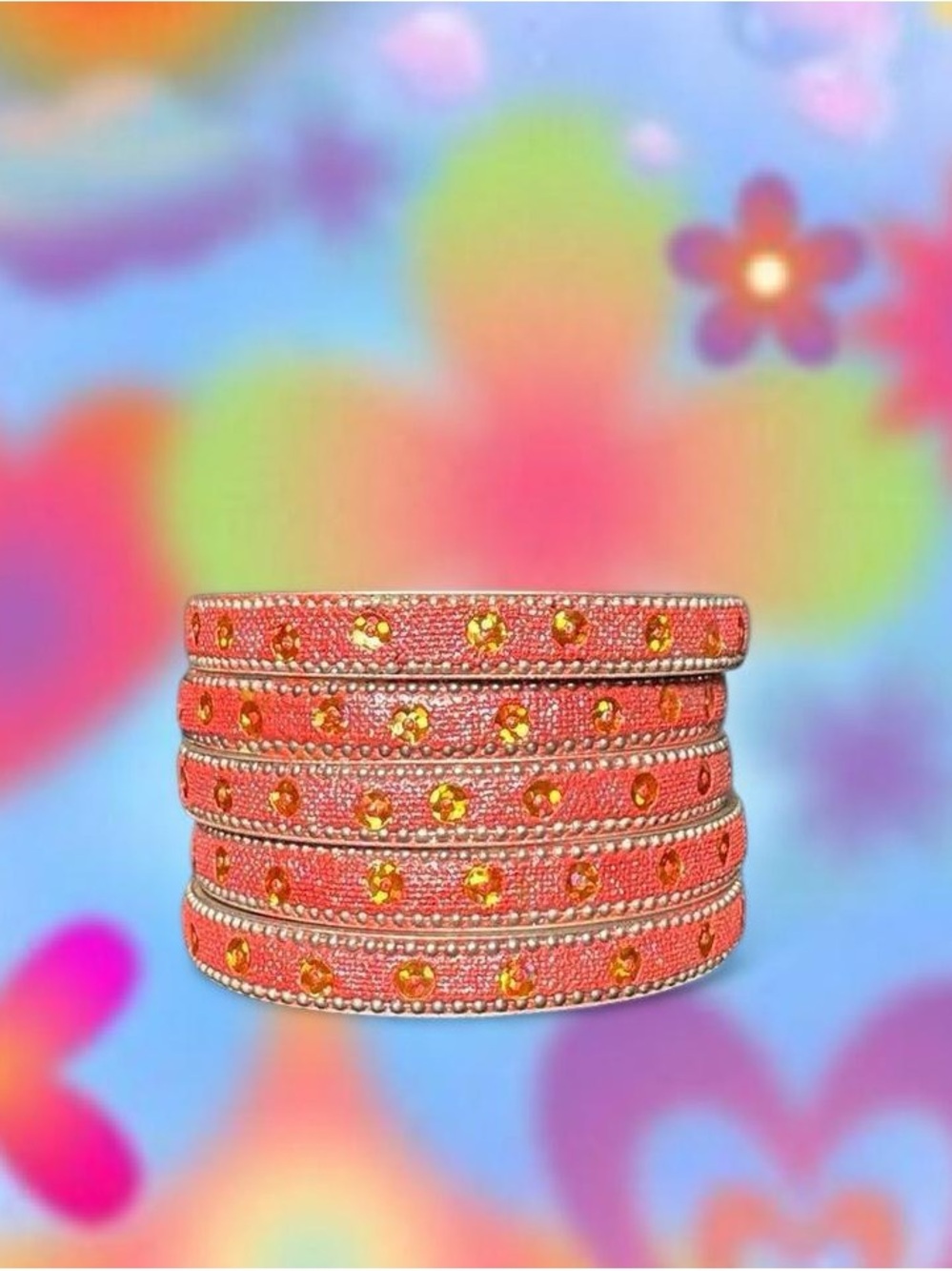 Coral Crystal-Embellished Stackable Bangle Set